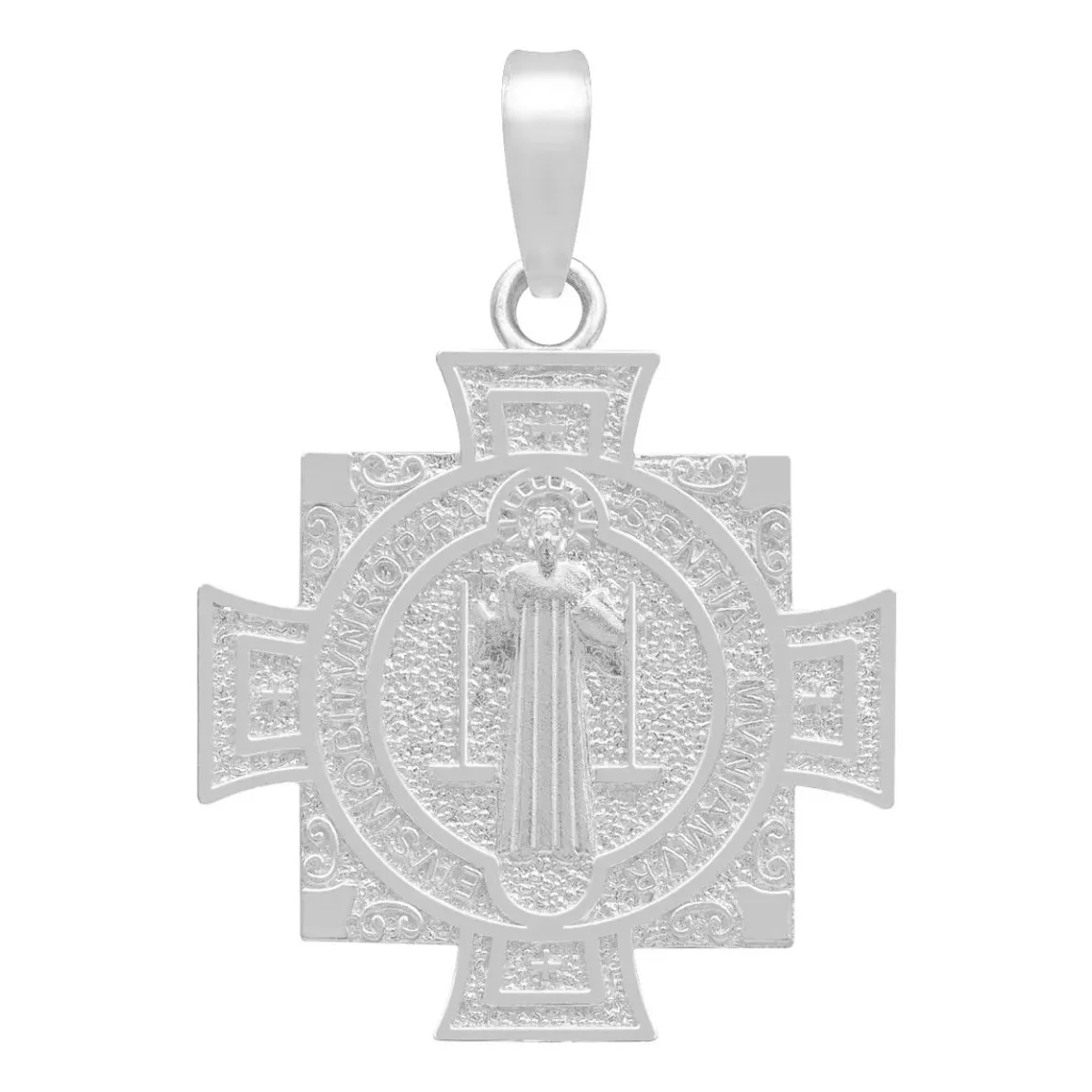 Dije Plata Ley .925 San Benito Cruz Cuadrada Doble Vista, amuleto de protección espiritual, talismán artesanal hecho a mano.