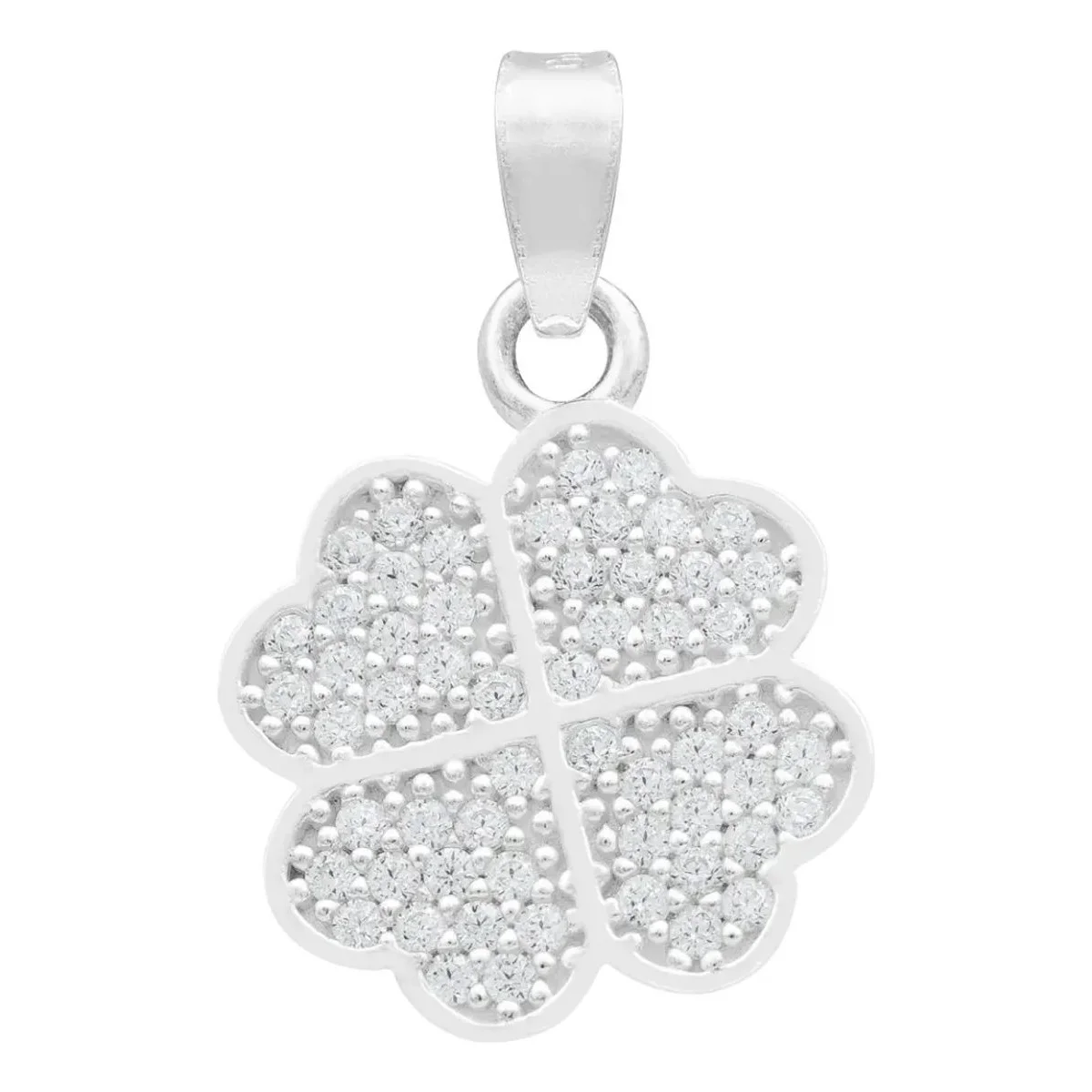Dije de la suerte plata .925 Trébol Cuatro Hojas, joyería de plata mexicana con zirconia brillante. Colgante artesanal.