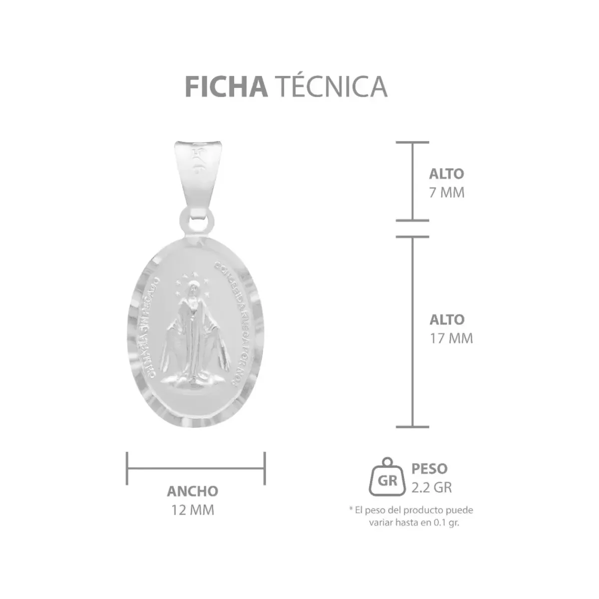 Dije Plata Ley 925 Virgen Milagrosa Doble Vista Diamantada Mate - Imagen 7