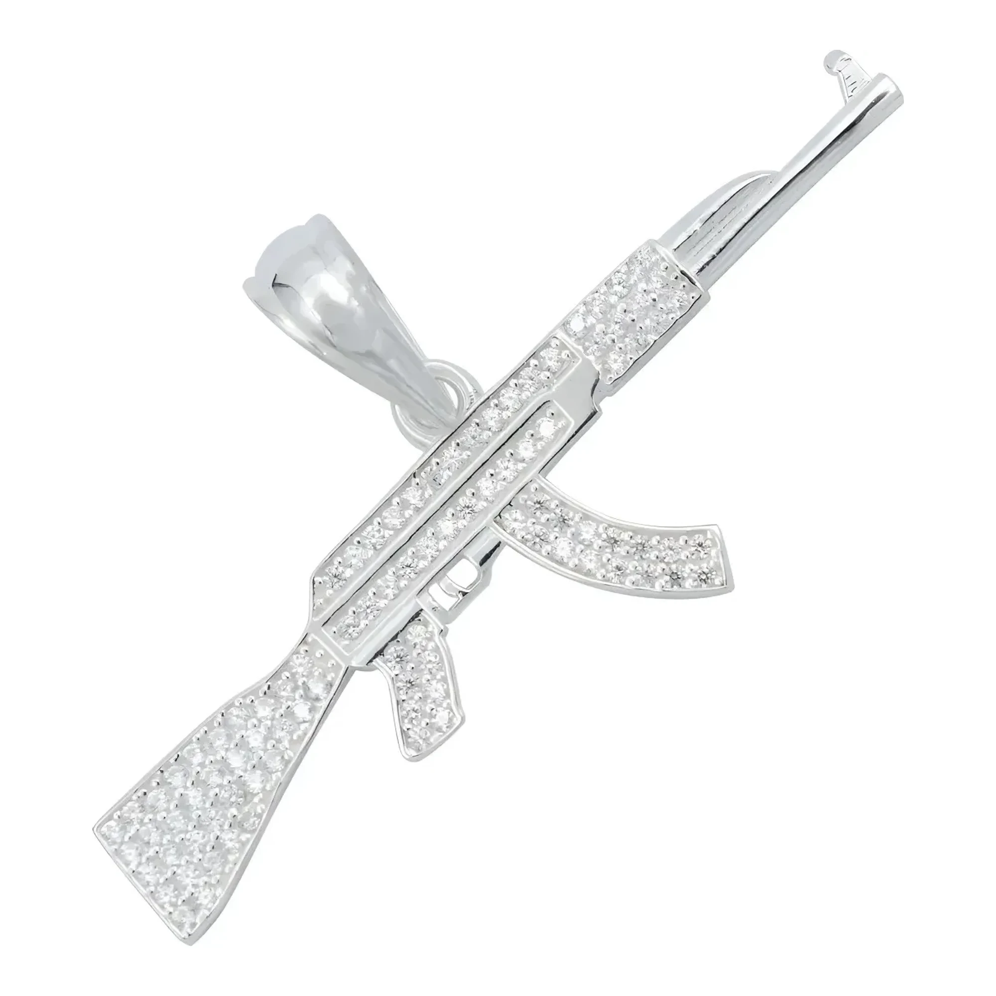 Dije Rifle AK-47 plata 925 con zirconia blanca incrustada, joyería urbana masculina. Colgante arma plata de diseño exclusivo,