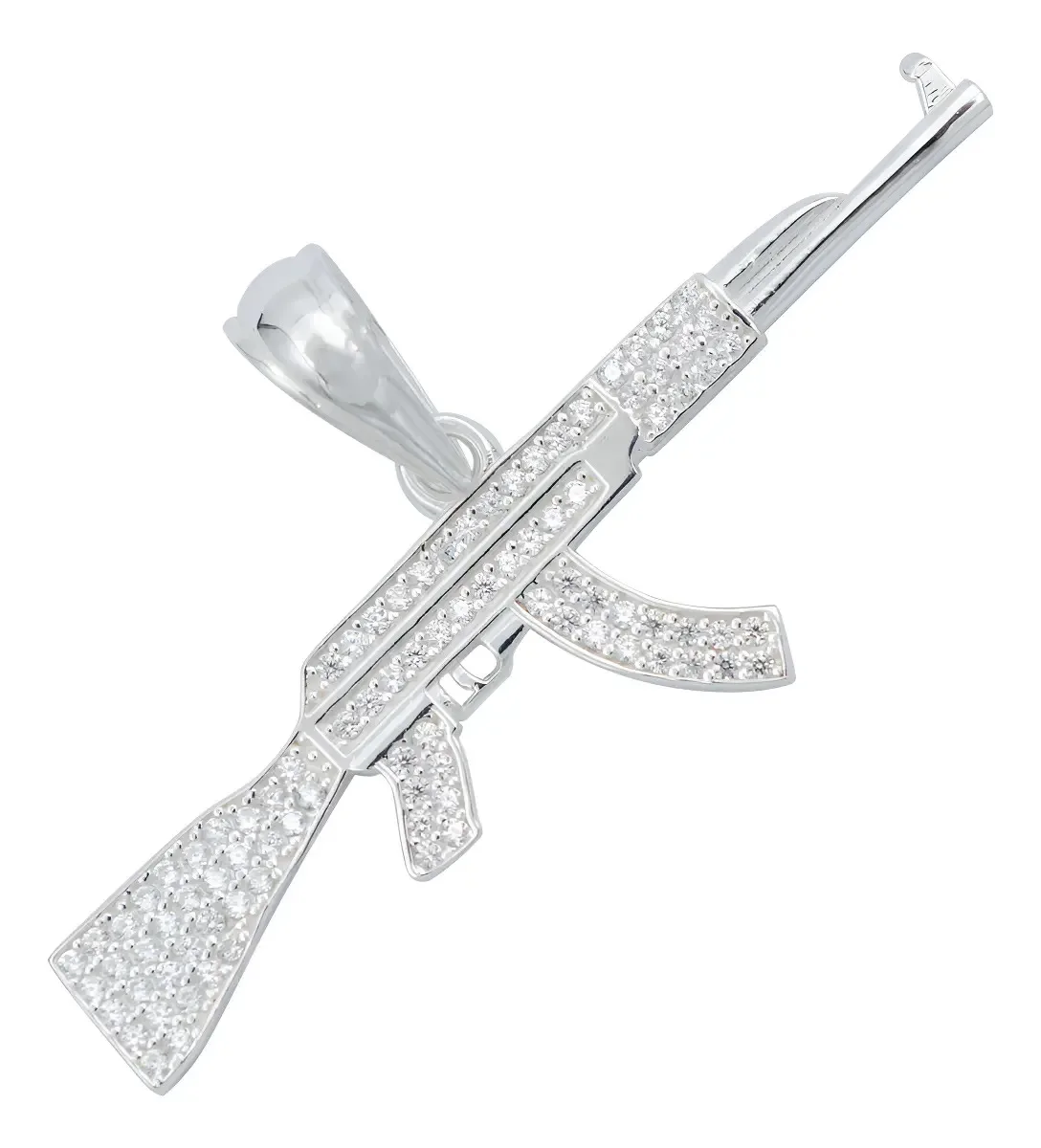Dije Rifle AK-47 plata 925 con zirconia blanca incrustada, joyería urbana masculina. Colgante arma plata de diseño exclusivo,