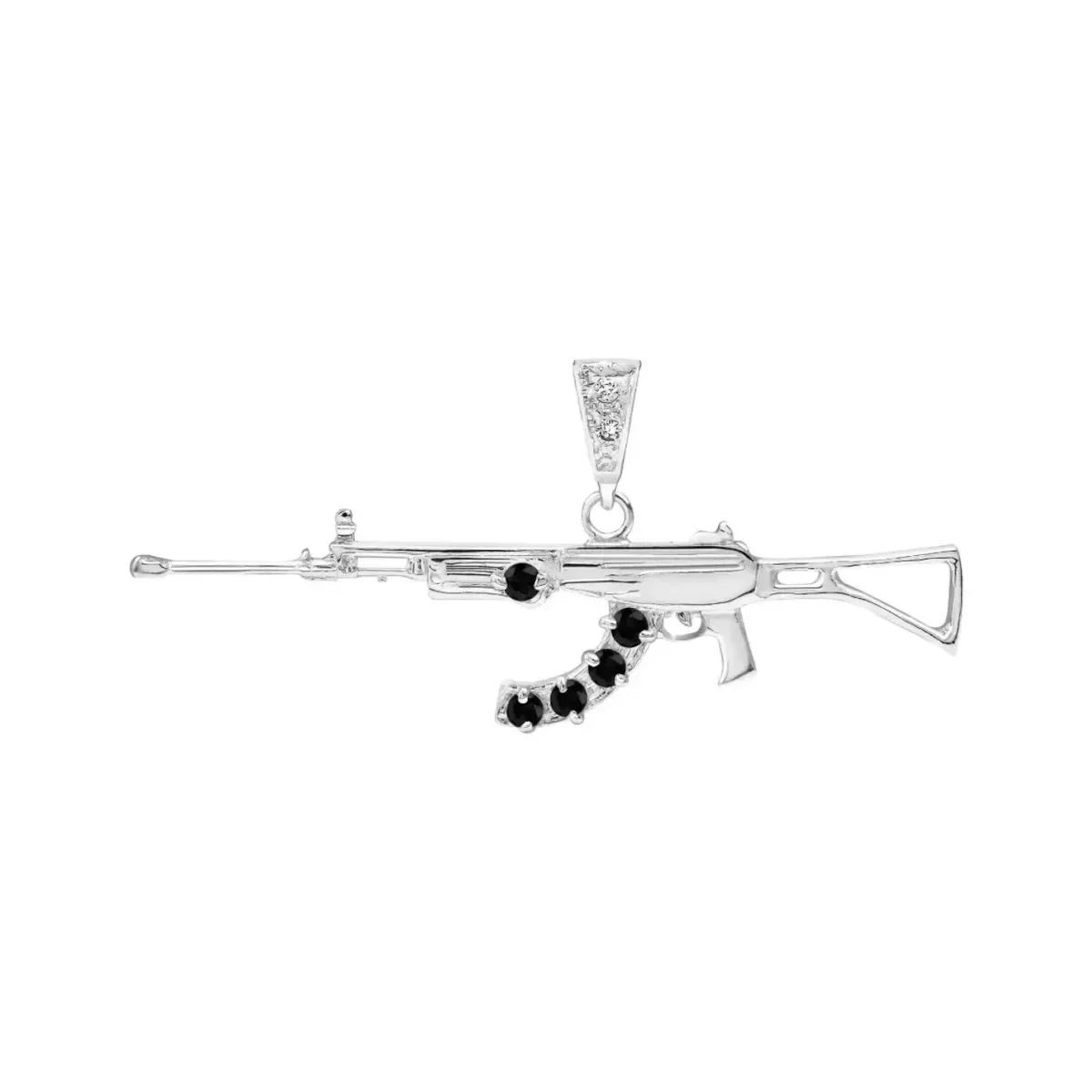 Dije Rifle AK-47 Plata Ley 925 con Zirconia Negra. Colgante de rifle AK-47 de plata para hombre, joyería temática urbana.