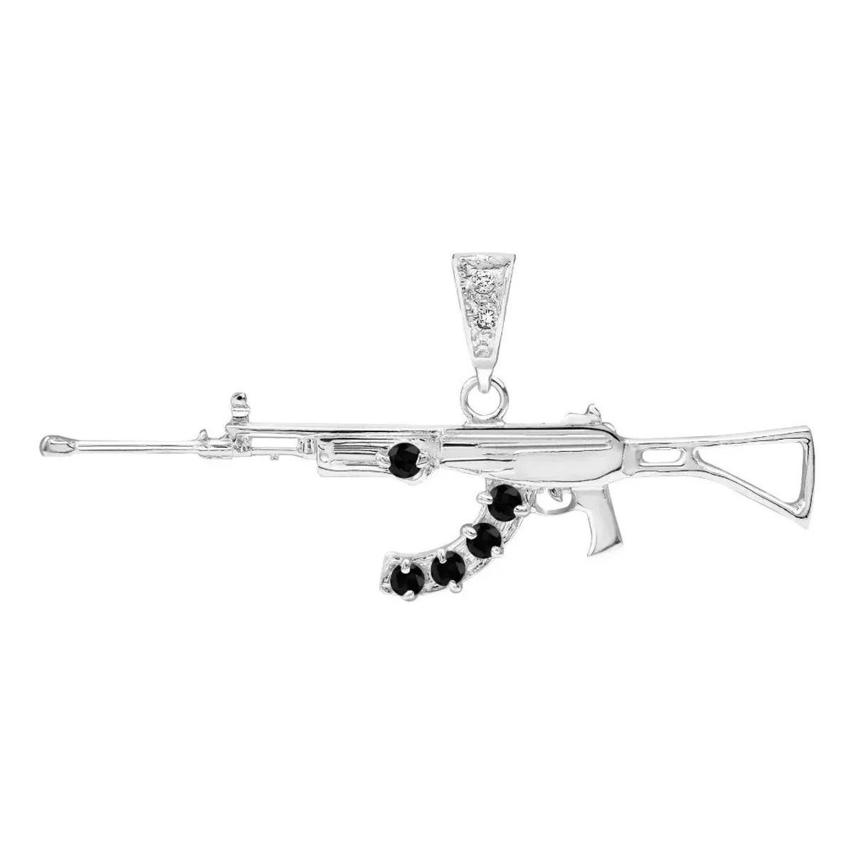 Dije Rifle AK-47 Plata Ley 925 con Zirconia Negra. Colgante de rifle AK-47 de plata para hombre, joyería temática urbana.