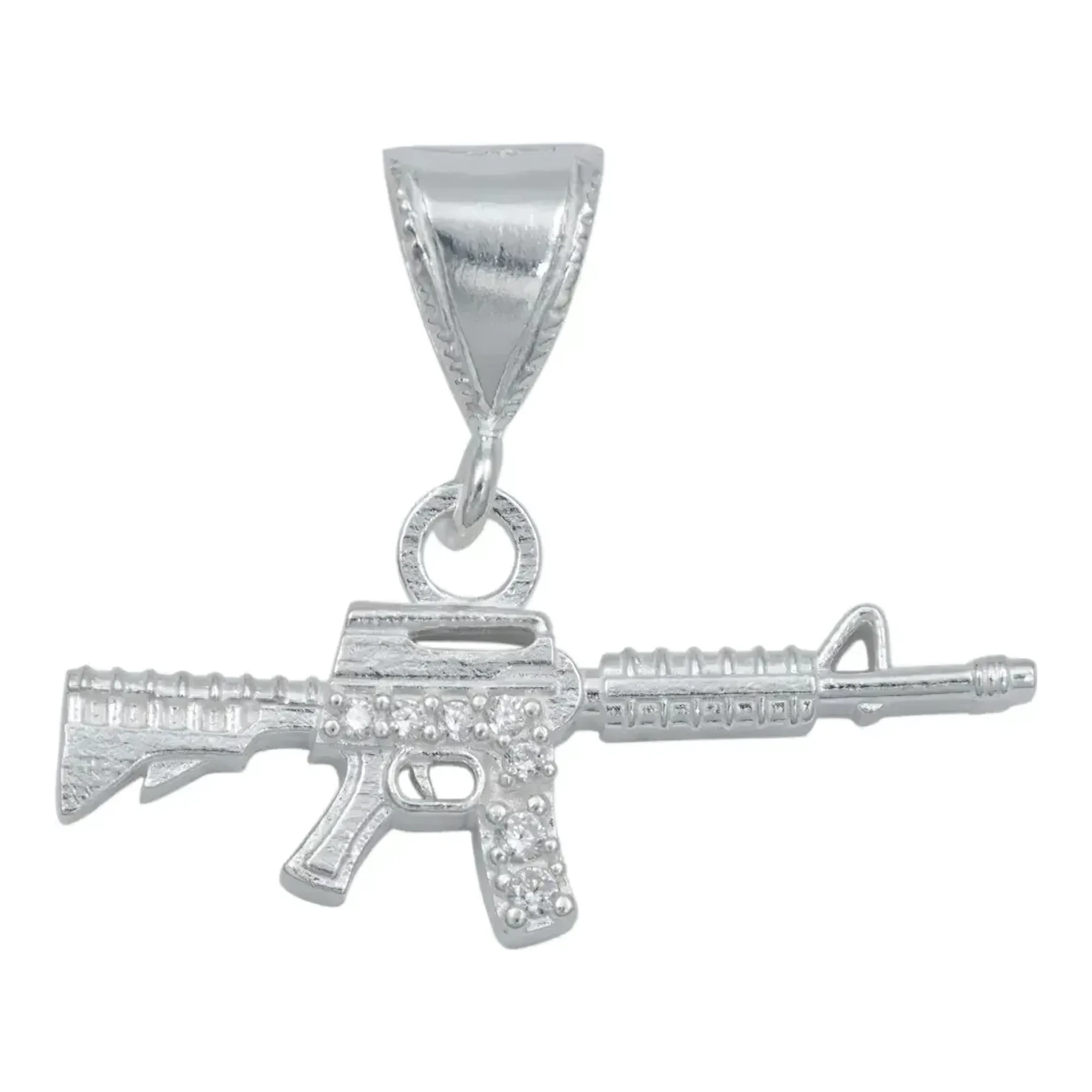 Dije rifle M16 de plata 925 con zirconias transparentes para hombre colgante fusil ametralladora acabado liso colección