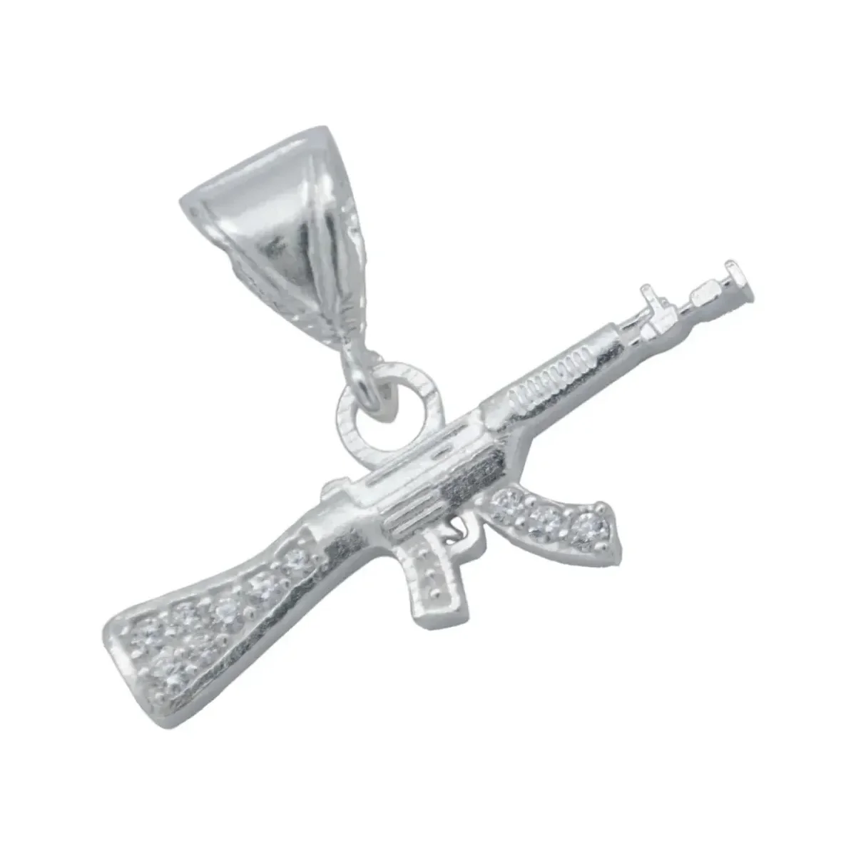 Dije Rifle Plata .925, diseño moderno con Zirconia brillante. Joyería de plata para hombre, colgante simbólico.