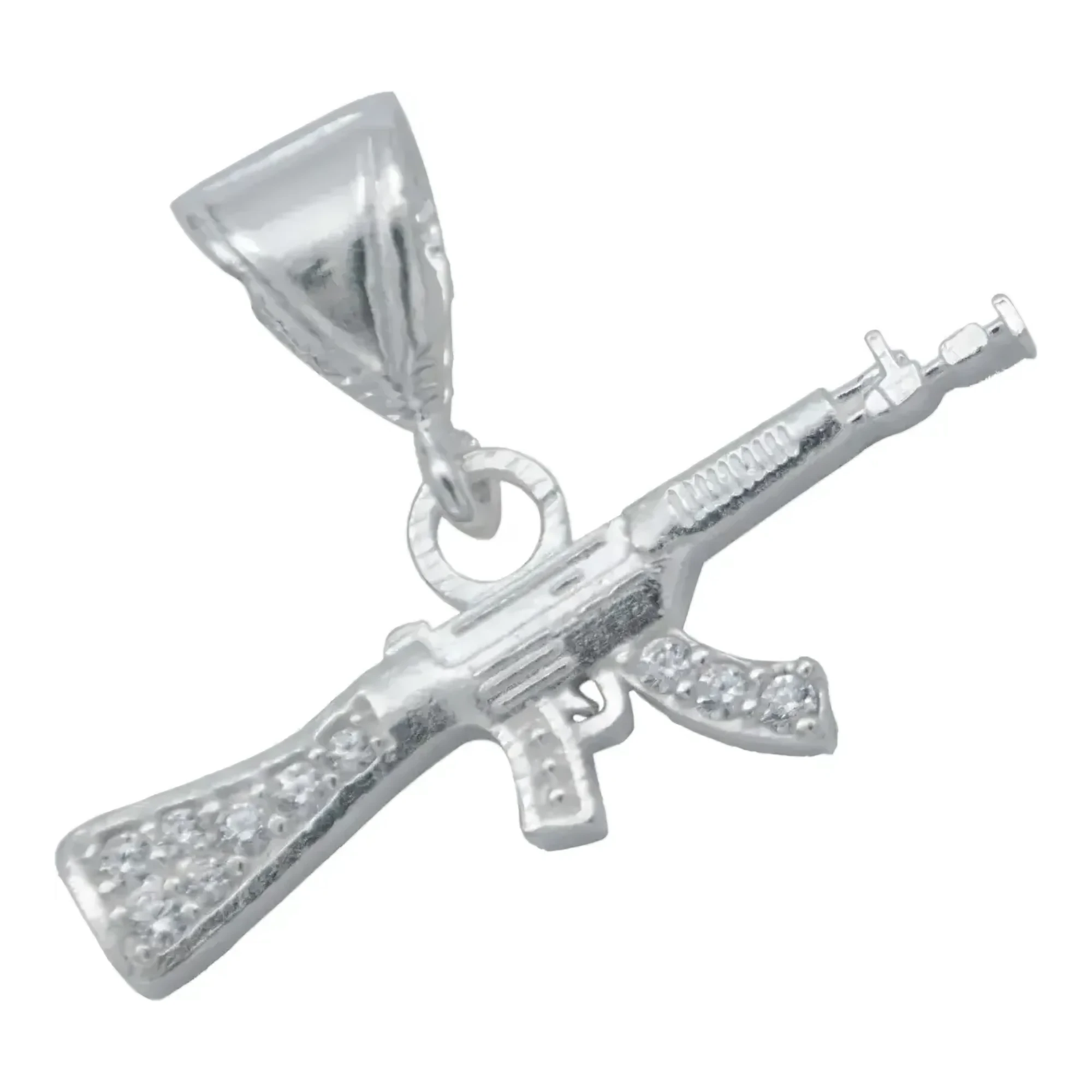 Dije rifle plata .925 nacional acabado liso con zirconia brillante incrustada, dije cuerno de chivo de 10 mm para caballero