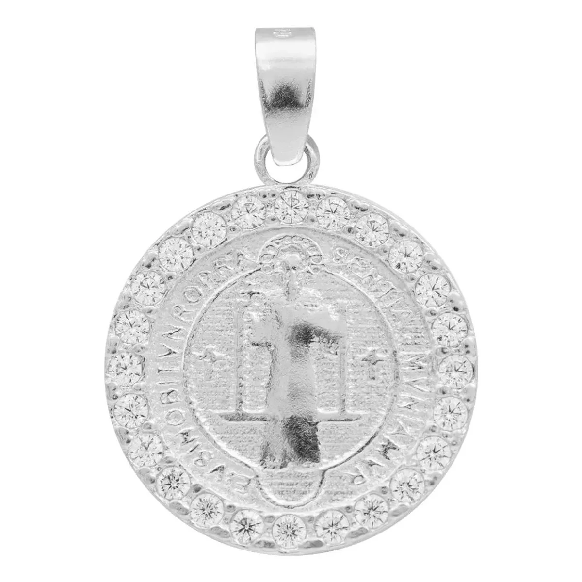 Dije San Benito doble vista Plata .925 Zirconia transparente, joyería de plata mexicana, diseño moderno religioso para mujer.