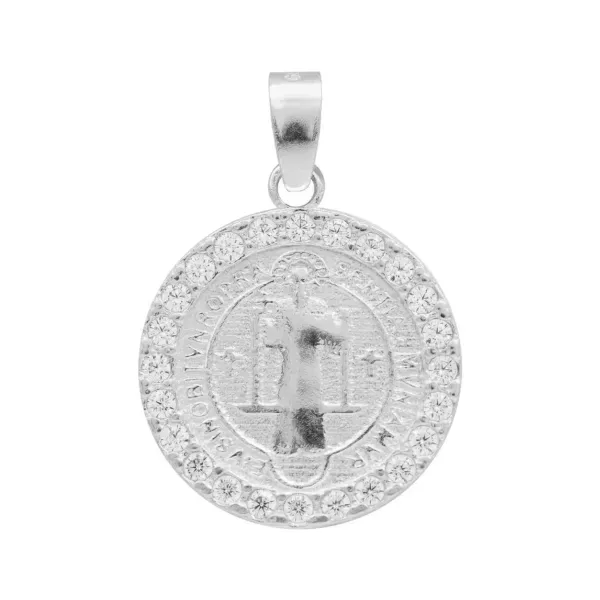 Dije San Benito Doble Vista Plata 925 Zirconia Transparente - Imagen 1