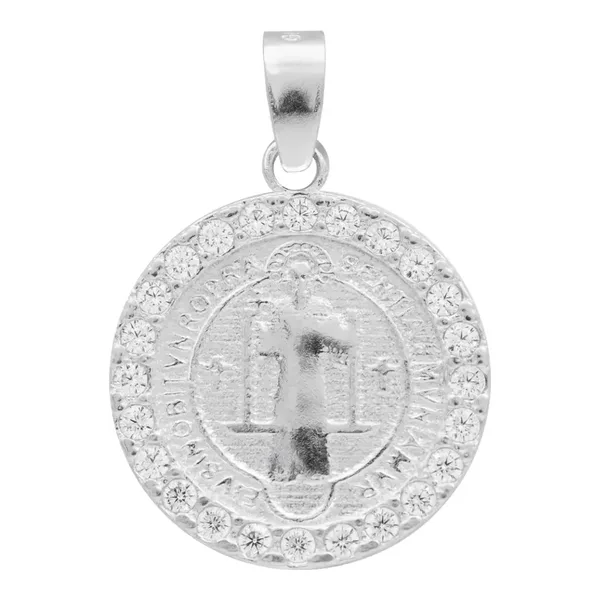 Dije San Benito Doble Vista Plata 925 Zirconia Transparente - Imagen 1