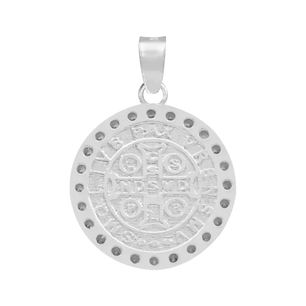 Dije San Benito Doble Vista Plata 925 Zirconia Transparente - Imagen 2