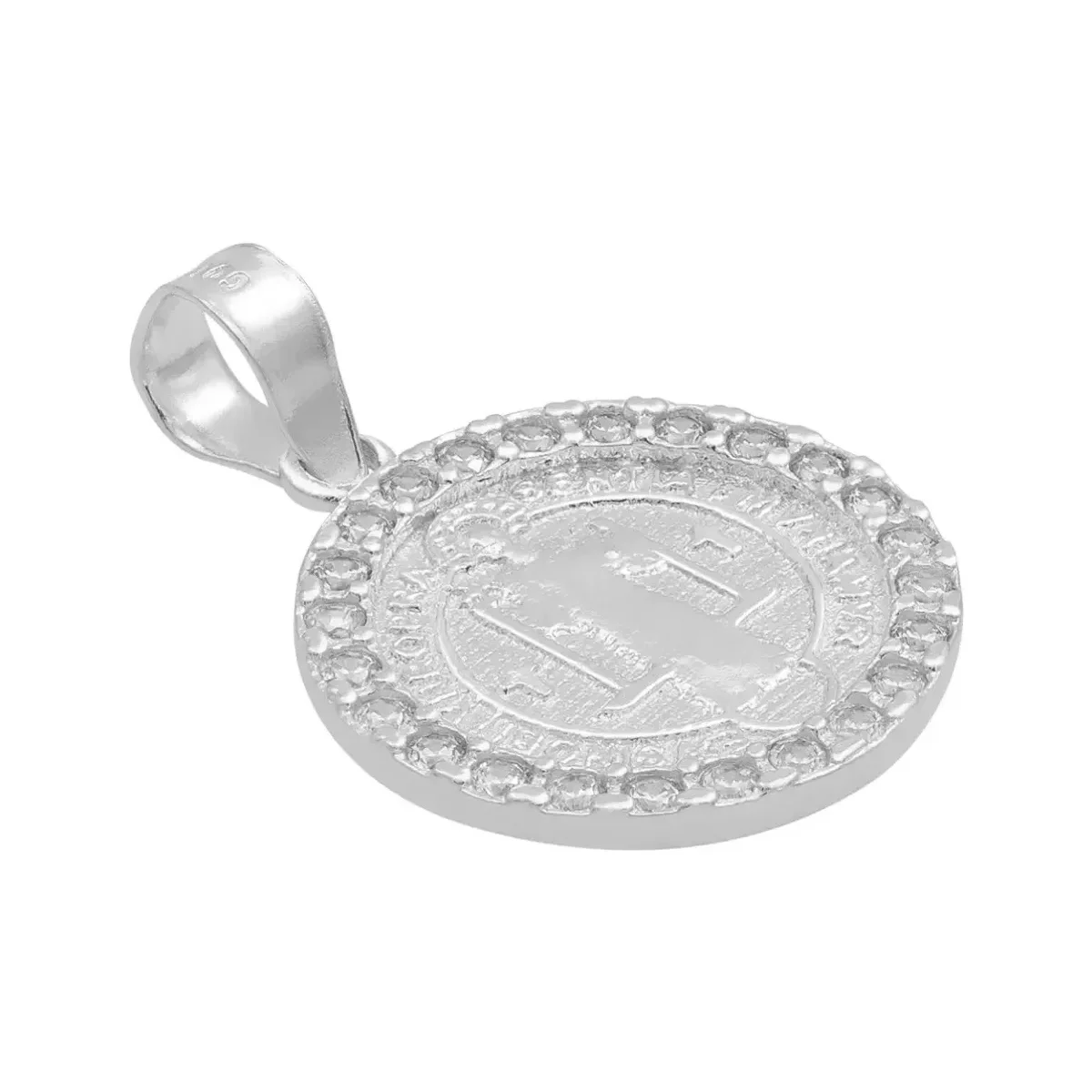 Dije San Benito Doble Vista Plata 925 Zirconia Transparente - Imagen 3