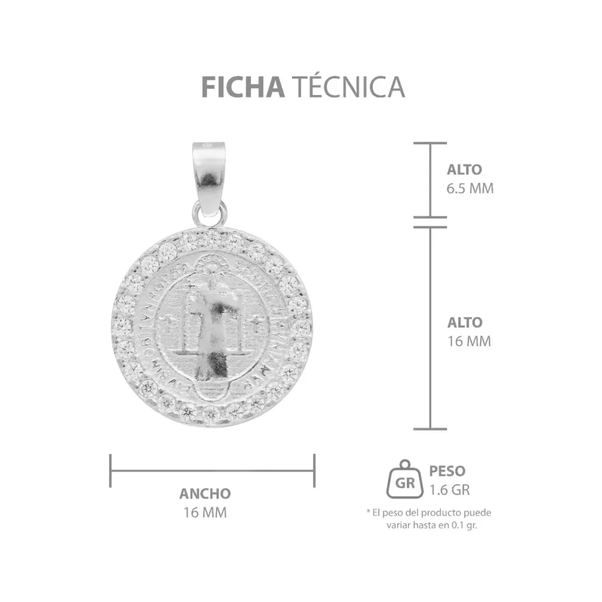Dije San Benito Doble Vista Plata 925 Zirconia Transparente - Imagen 7