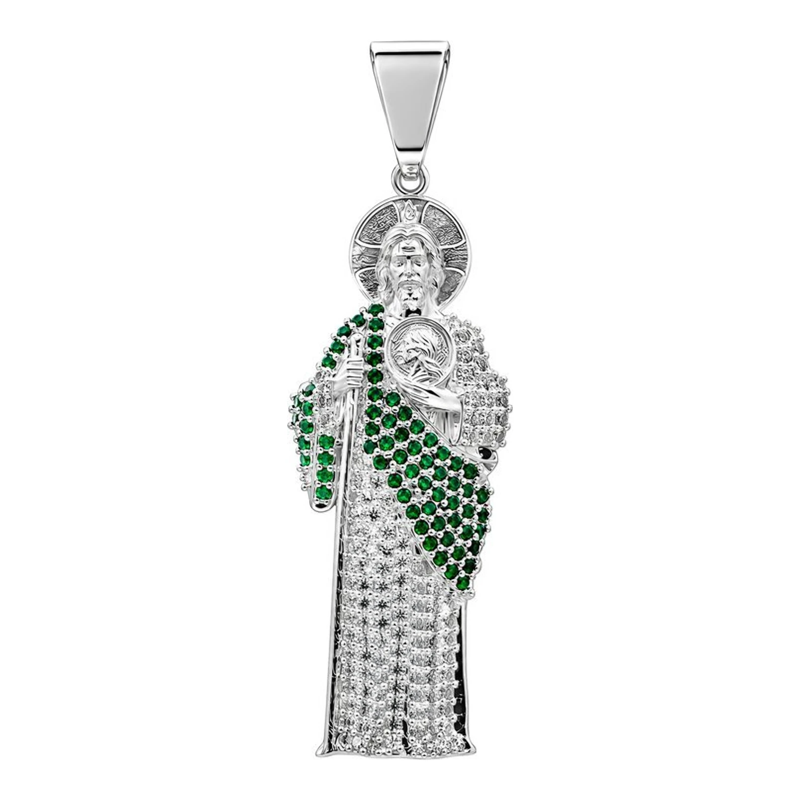 Dije San Judas Tadeo de Plata .925 con zirconias pavé verdes y blancas de 83 mm - Joyaris
