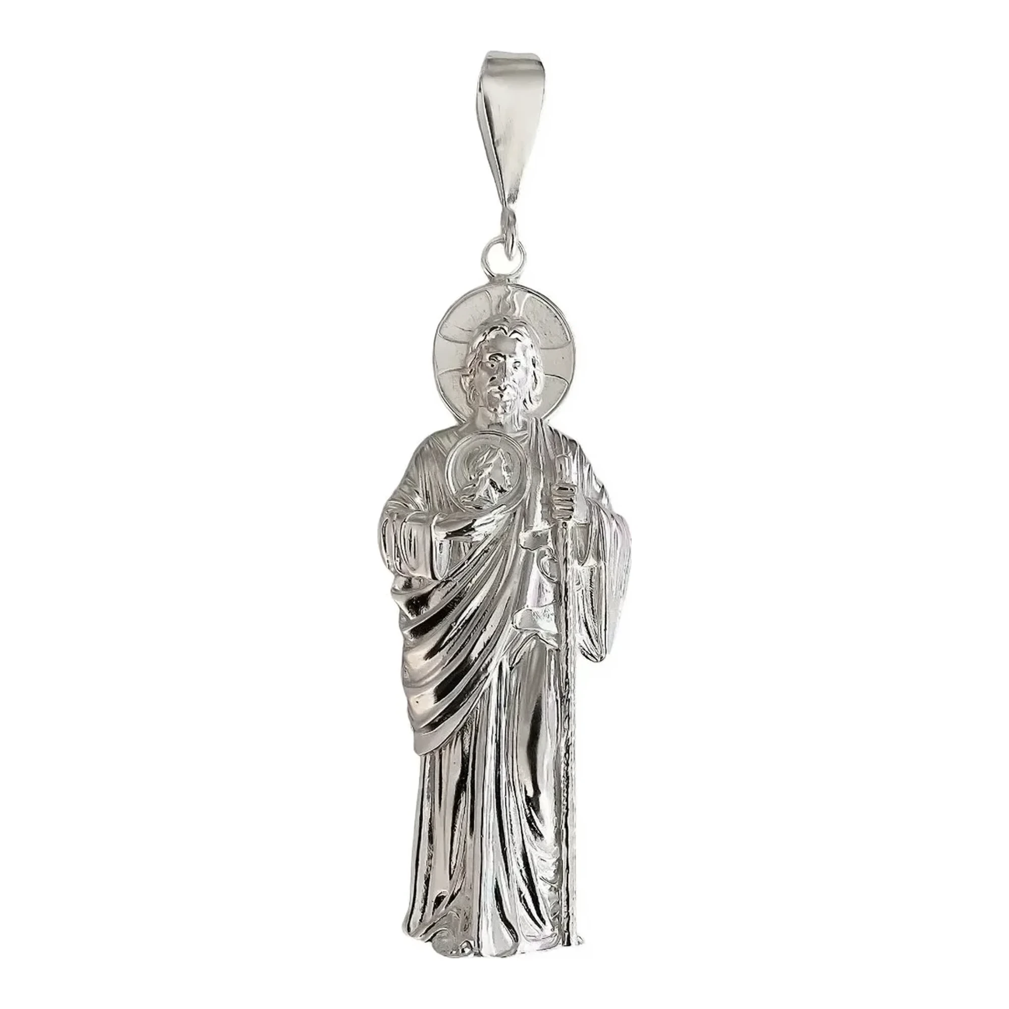 Dije de San Judas Tadeo en plata ley .925 maciza para hombre de 98 mm figura religiosa de bulto con broche perico Joyaris