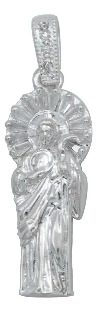 Dije San Judas Tadeo Plata .925 liso con Zirconia, colgante de protección. Joyería católica moderna, plata esterlina 925.