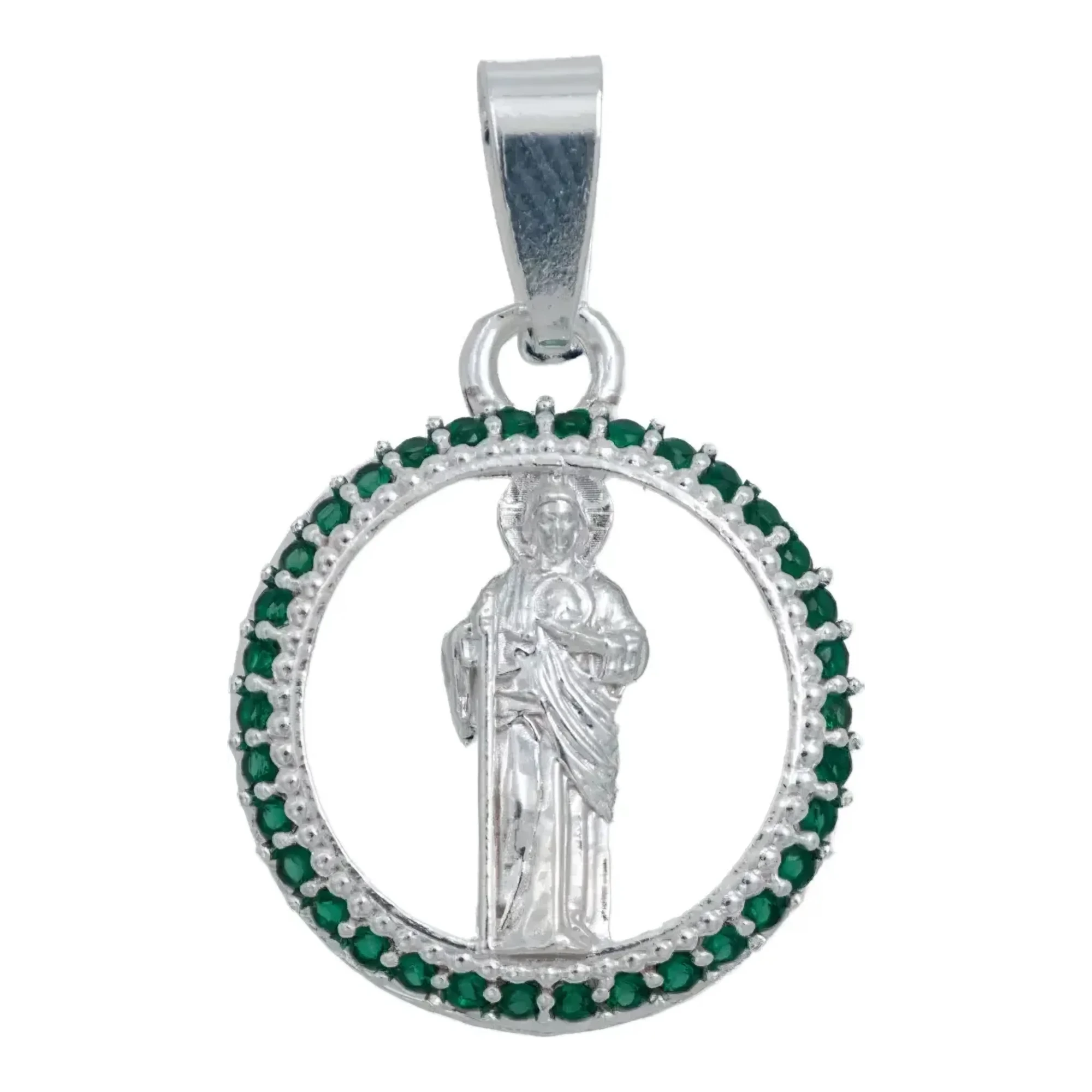 Dije San Judas Tadeo de plata .925 para hombre con zirconias tono verde en bulto silueta protectora causas difíciles 31 mm