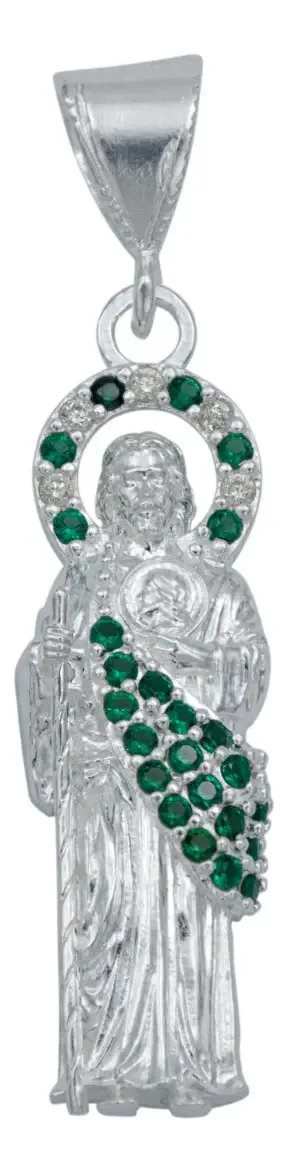 Dije San Judas Tadeo Plata .925 con Zirconia Verde, medalla de protección, joyería de devoción mexicana con zirconias.