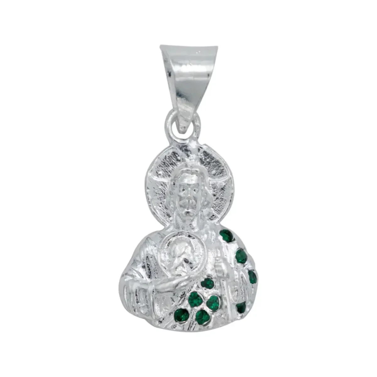 Dije San Judas Tadeo Plata .925 con zirconia verde, diseño torso. Colgante de Plata .925 Nacional, joyería religiosa para hom