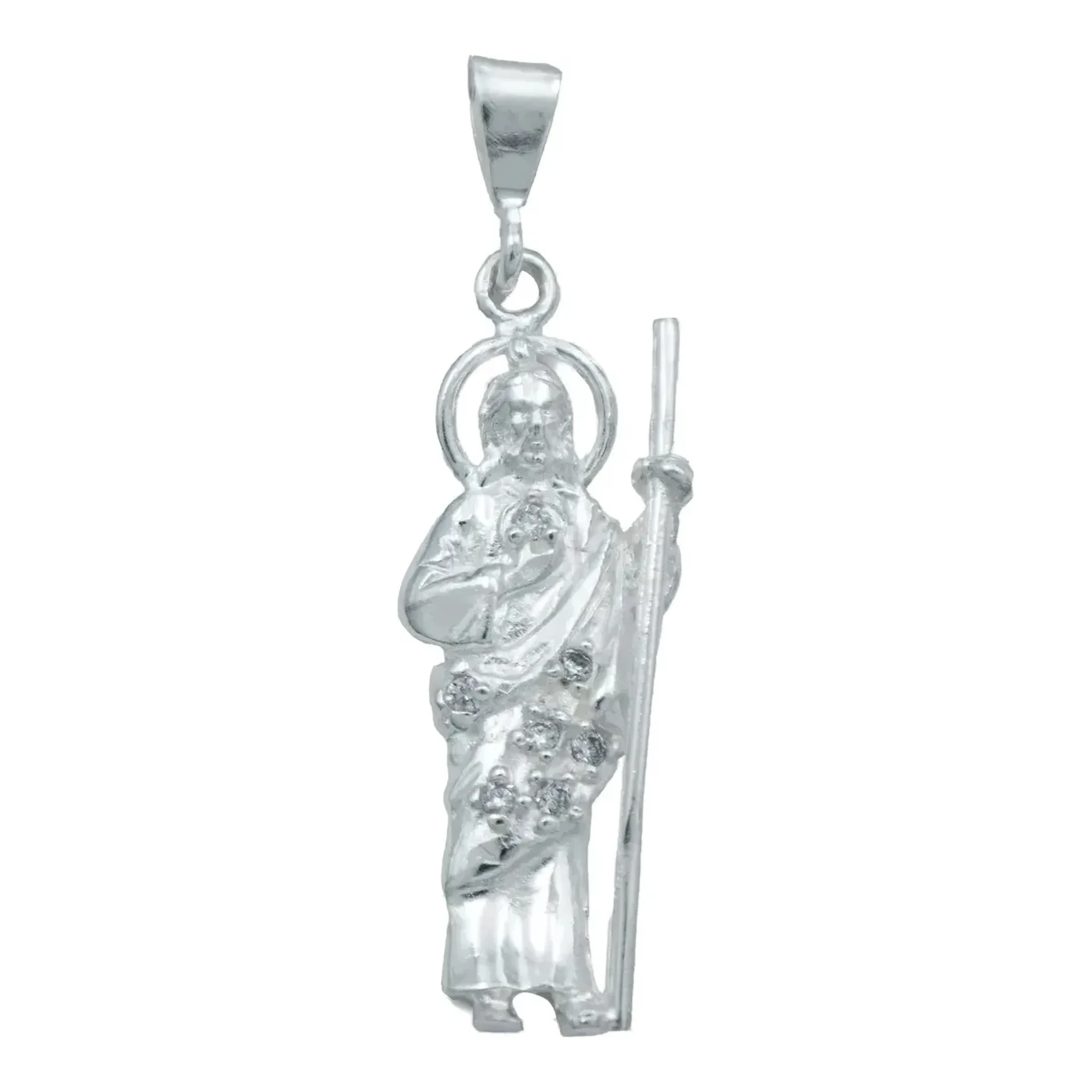 Dije San Judas Tadeo plata ley 925 con zirconias brillantes y acabado liso blanco plateado de joyería religiosa tradicional