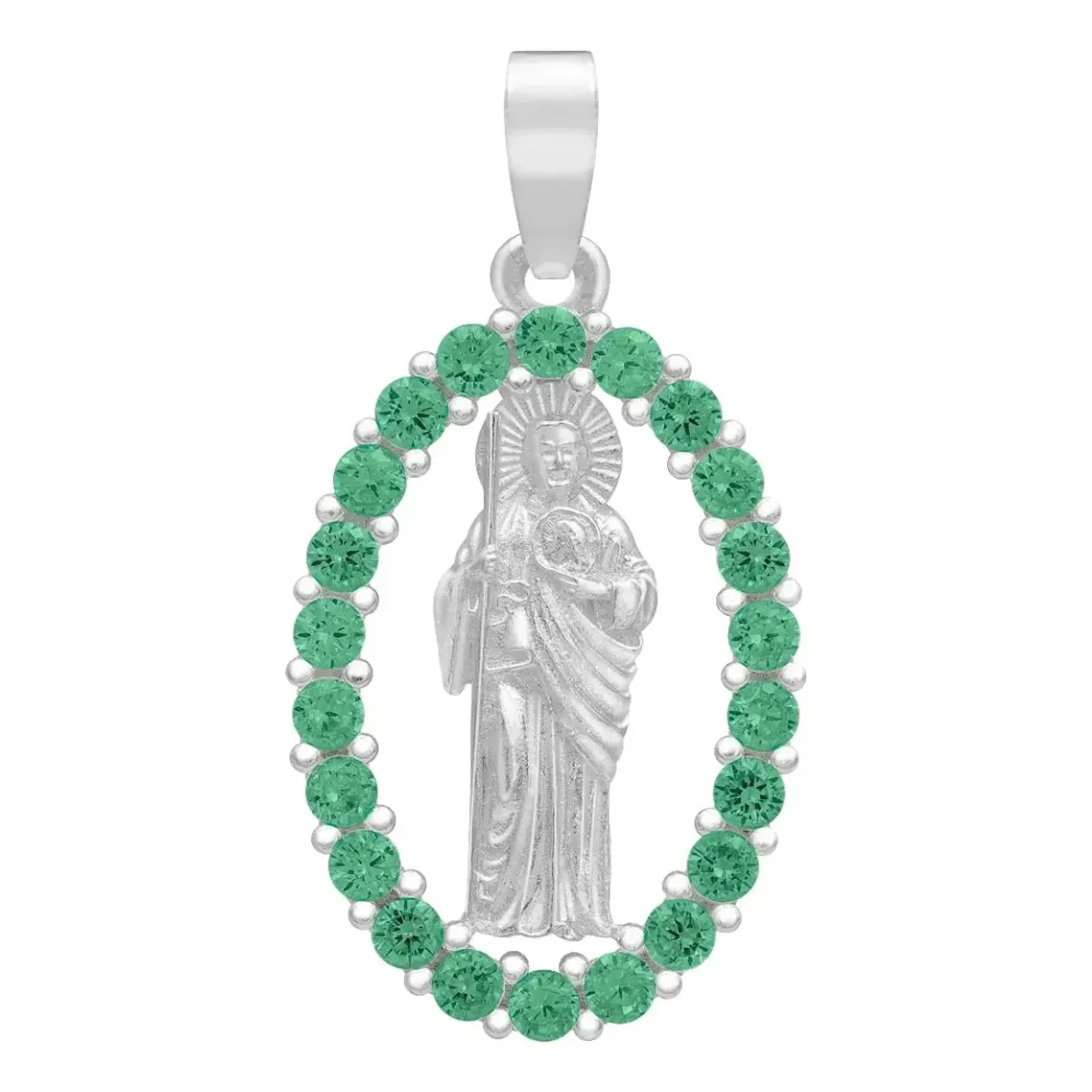 Dije San Judas Tadeo Plata Ley 925, zirconias verdes. Diseño plano y pulido brillante, joyería espiritual plata, amuleto.