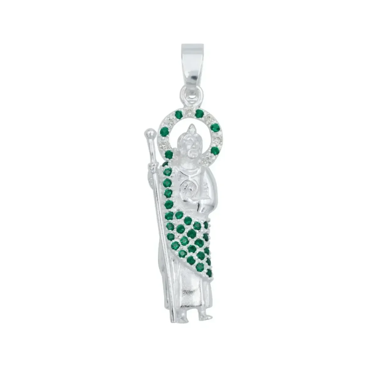 Dije San Judas Tadeo Plata Ley .925 con Zirconias Verdes, diseño devocional. Amuleto de protección, ideal como colgante de pl