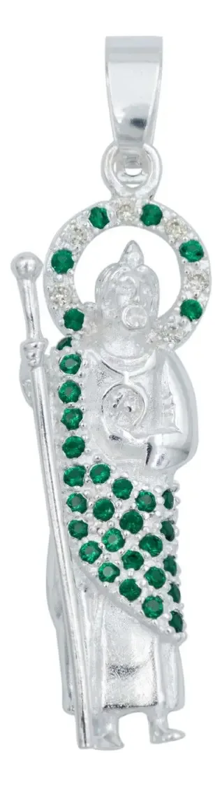 Dije San Judas Tadeo Plata Ley 925 con Zirconias Verdes, diseño devocional. Medallón de fe y protección, ideal como colgante