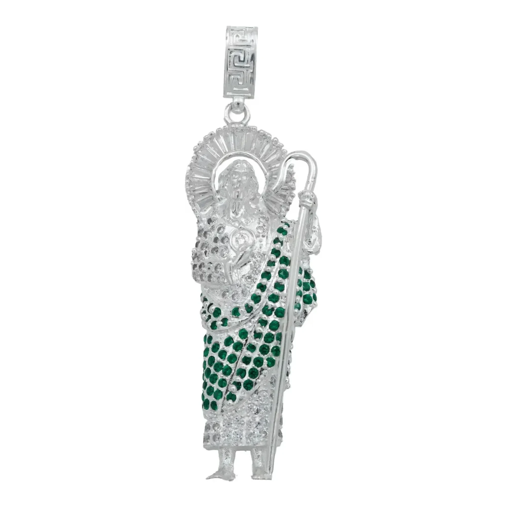 Dije San Judas Tadeo grande en plata ley .925 nacional con zirconias verdes, medalla religiosa mexicana de manto verde