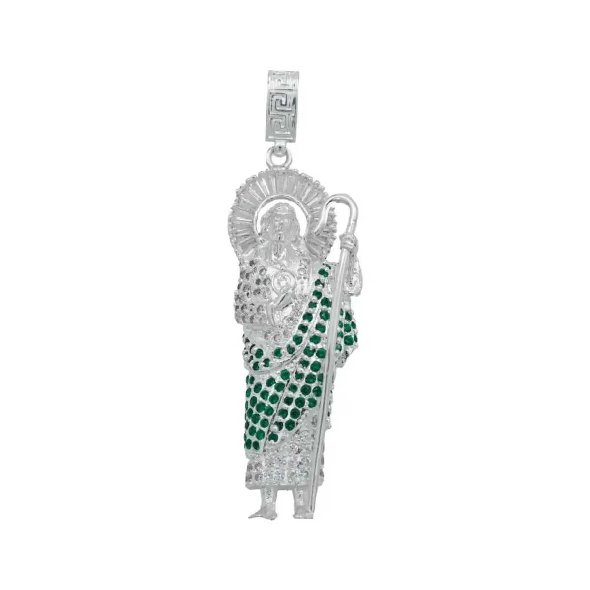 Dije San Judas Tadeo grande en plata .925 nacional con zirconias verdes, medalla religiosa, joyería mexicana de Taxco.