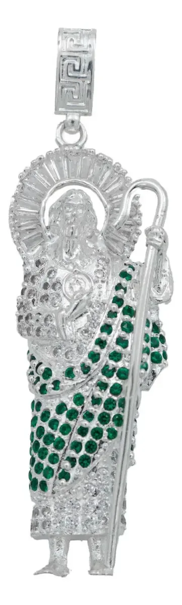 Dije San Judas Tadeo grande en plata .925 nacional con zirconias verdes, un colgante de protección, joyería esotérica y diseñ