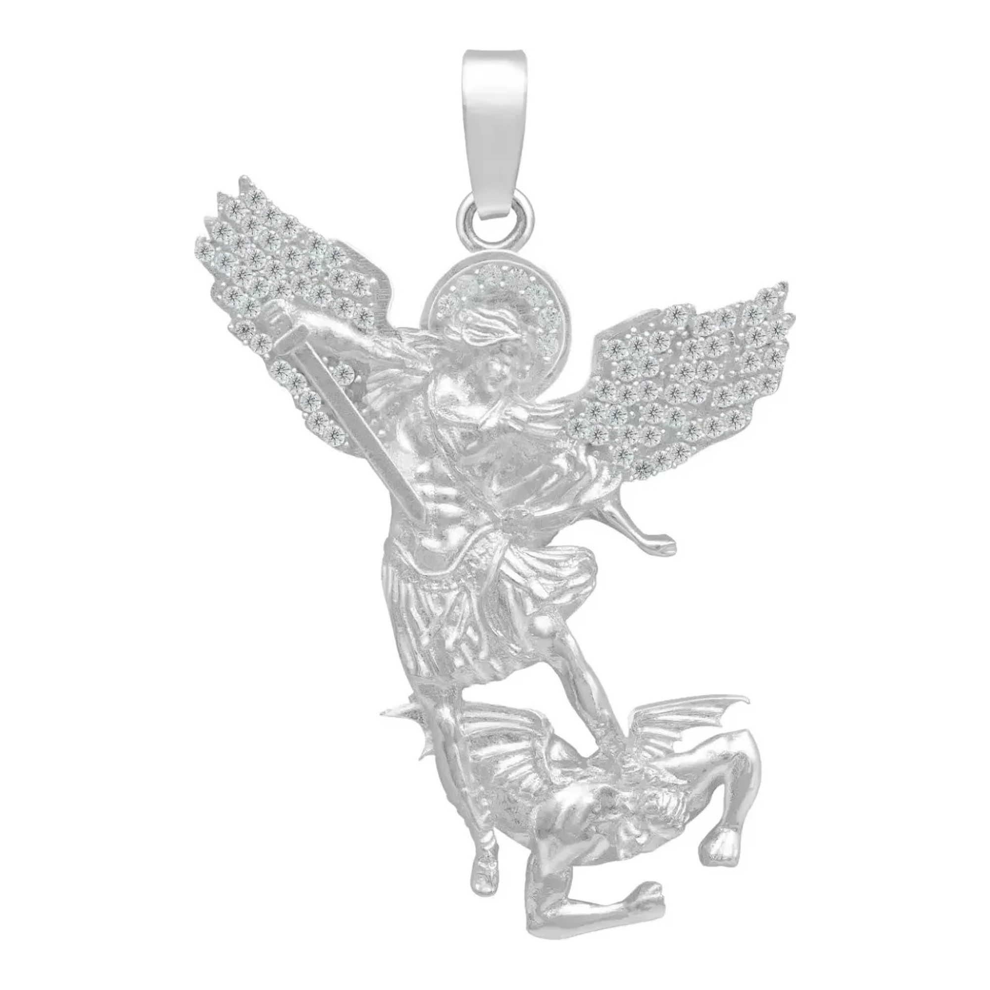 Dije san miguel arcangel plata ley 925 con zirconia blanca para hombre medalla de proteccion con broche de perico acabado