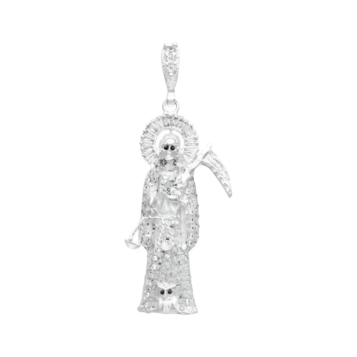 Dije Santa Muerte 3D de Plata .925 artesanal para hombre, con diseño gótico y Zirconia. Amuleto de protección y colgante simb