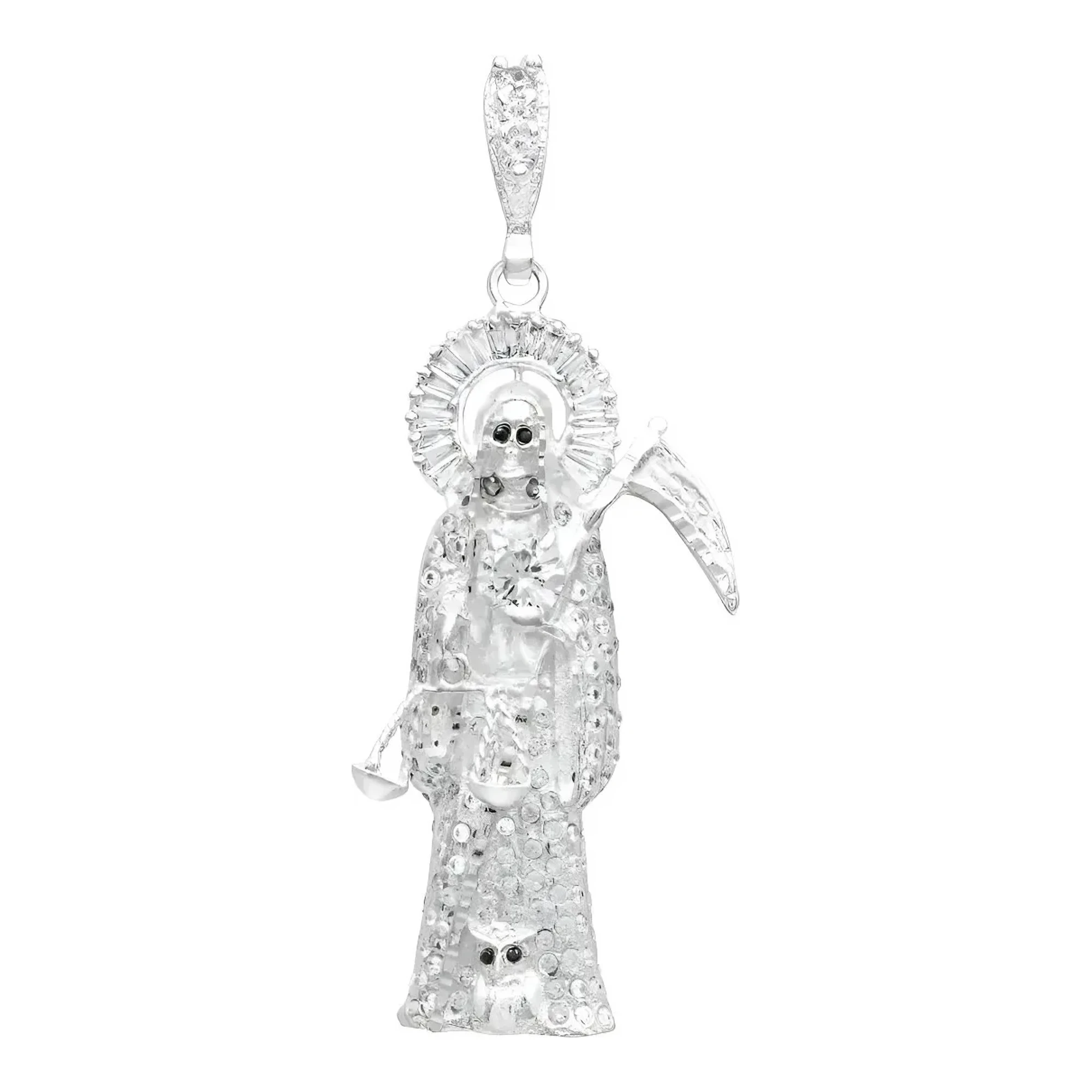 Dije Santa Muerte bulto 3D en plata ley .925 con zirconias brillantes, amuleto protección devocional para collar de hombre