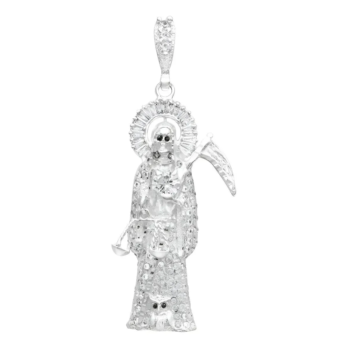 Dije Santa Muerte 3D de Plata .925 artesanal para hombre, con diseño gótico y Zirconia. Amuleto protección Santa Muerte plata
