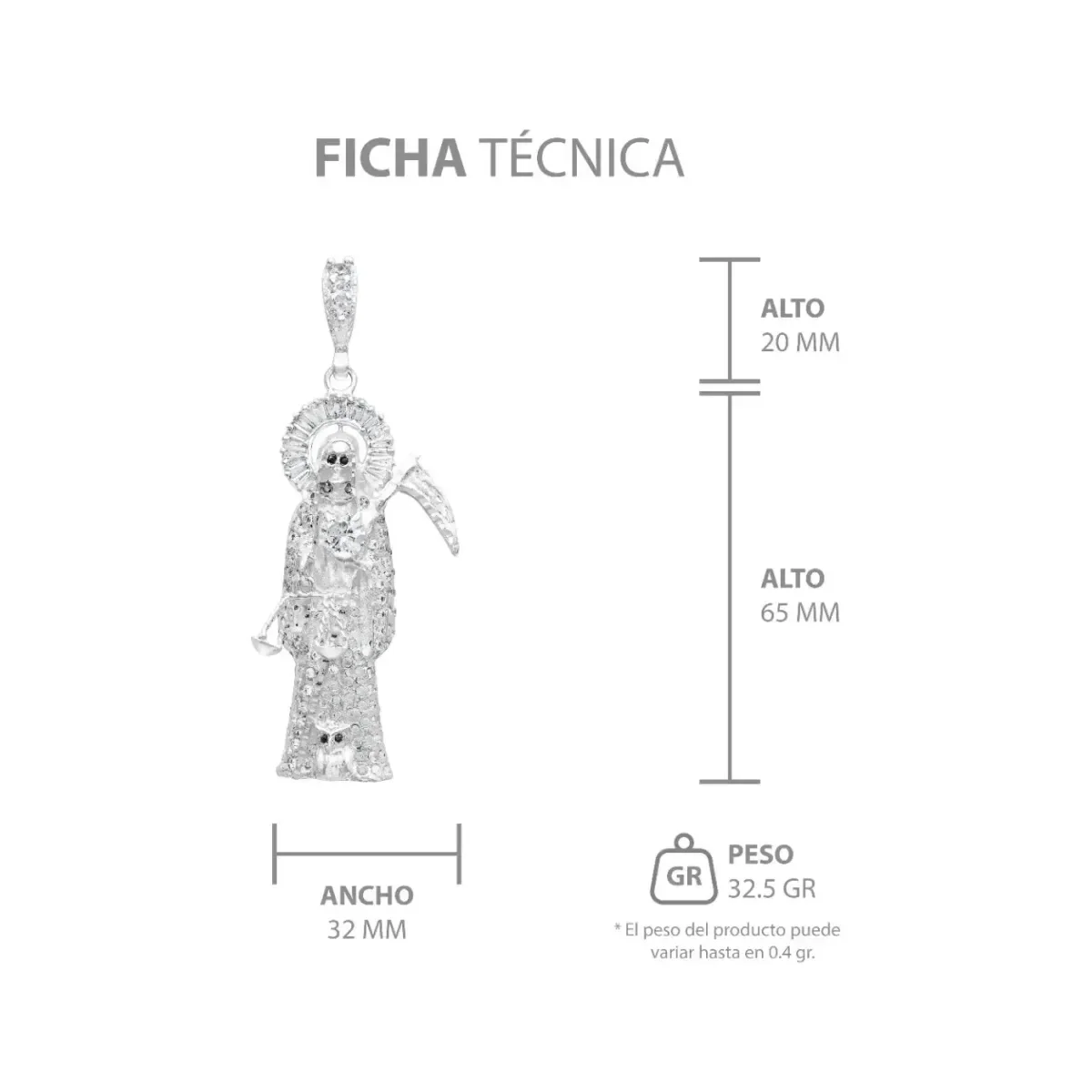 Dije Santa Muerte 3D Plata 925 Zirconia Hombre Artesanal - Imagen 7