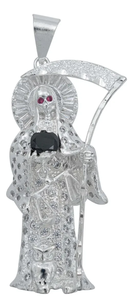 Dije Santa Muerte artesanal en Plata .925 con zirconia multicolor, joyería de calaveras con simbolismo mexicano y amuleto de