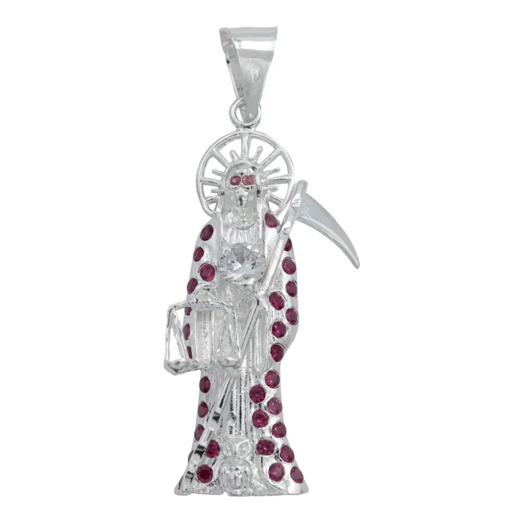Dije Santa Muerte Plata 925 con Zirconia Fucsia - Joyaris joyería mexicana