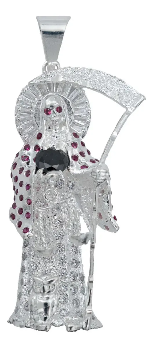 Dije Santa Muerte Plata 925 Ley, diseño contemporáneo con zirconias multicolor incrustadas. Joyería mexicana esotérica, amule
