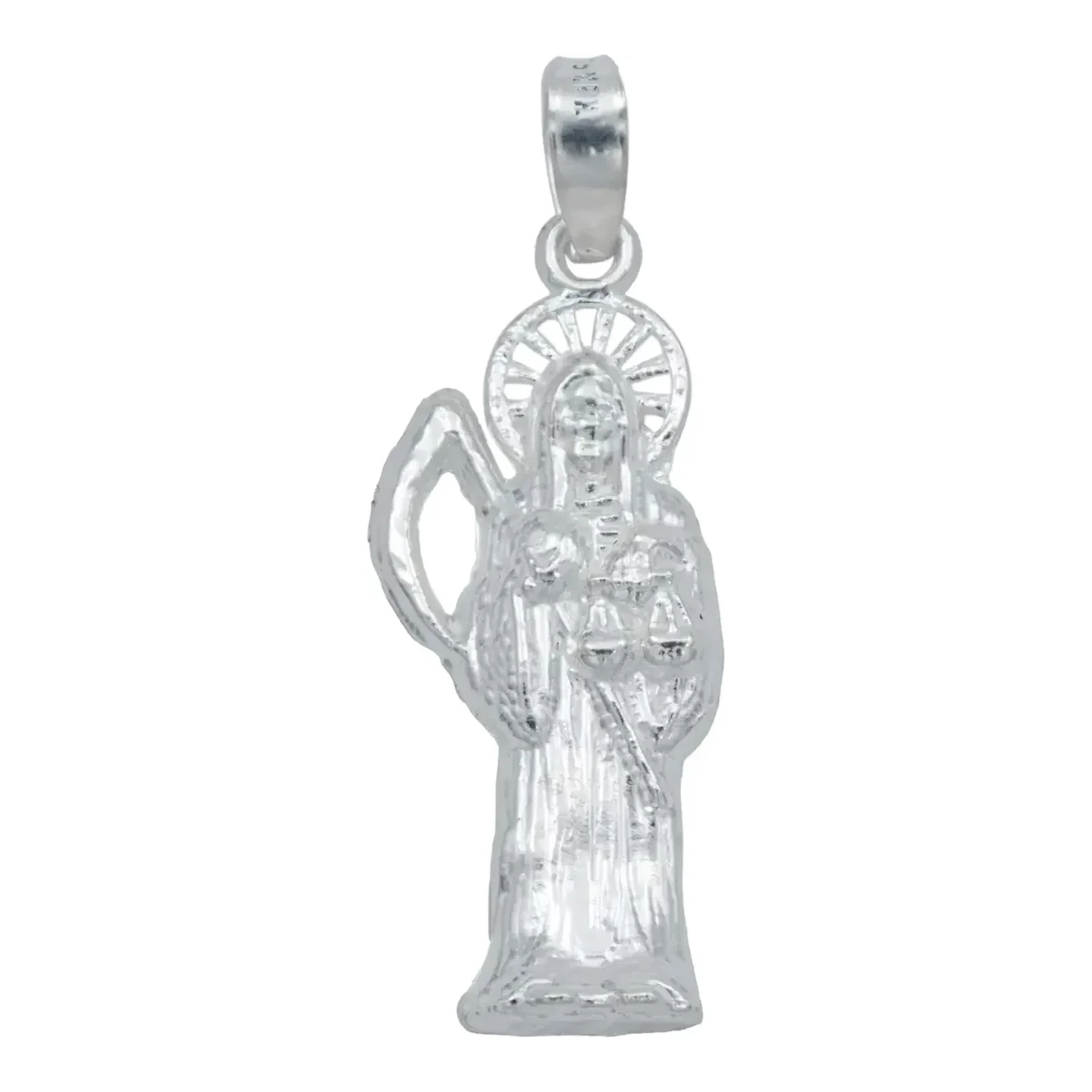 Dije Santa Muerte plata 925 liso artesanal 10 mm con broche perico medalla espiritual plateada brillante silueta figura