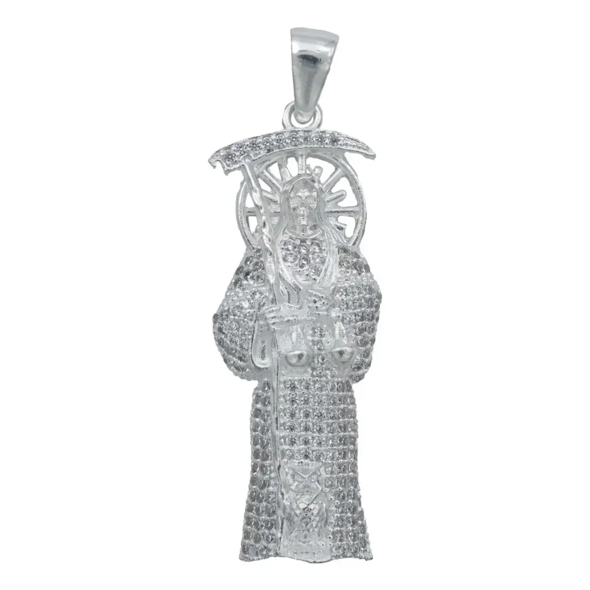 Dije Santa Muerte plata .925 robusto con zirconia blanca, colgante de protección artesanal. Joyería mística mexicana, amuleto
