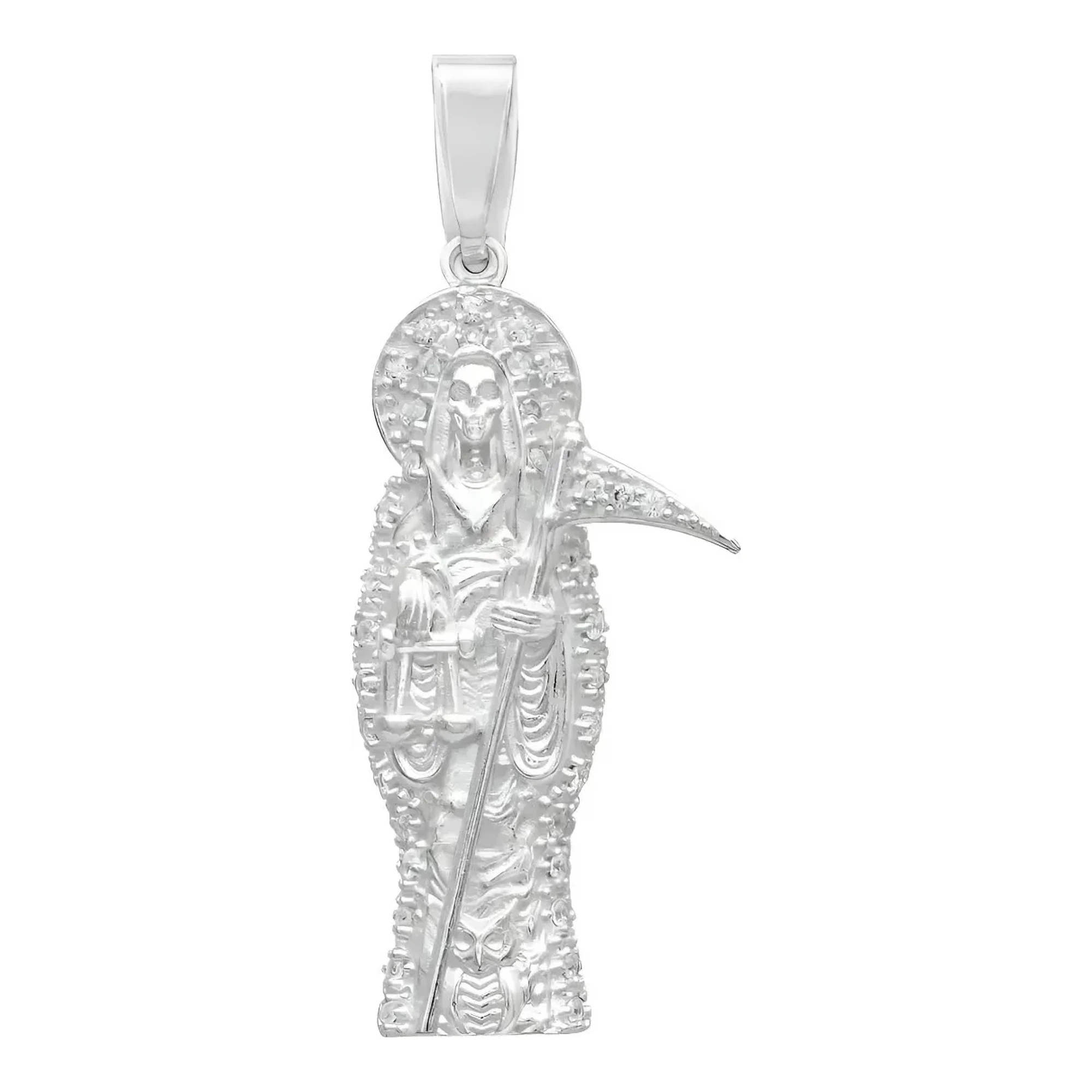 Dije Santa Muerte Plata .925 con Zirconia transparente, colgante de protección, amuleto de plata moderna y artesanal.