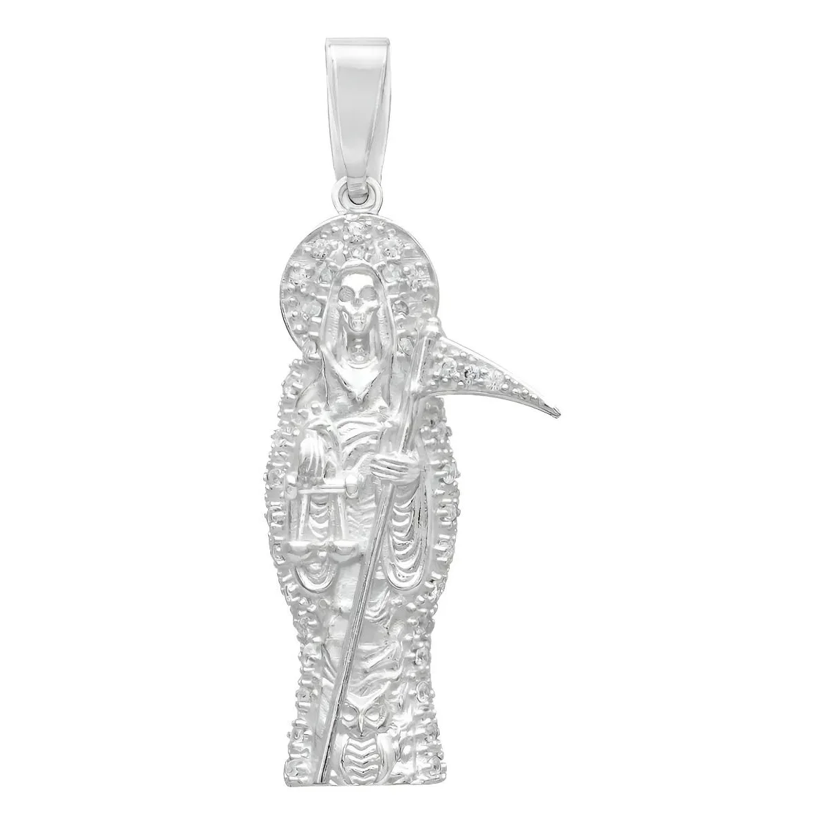 Dije Santa Muerte Plata Ley 925 con Zirconia transparente, un colgante Santa Muerte, amuleto de plata ley 925.