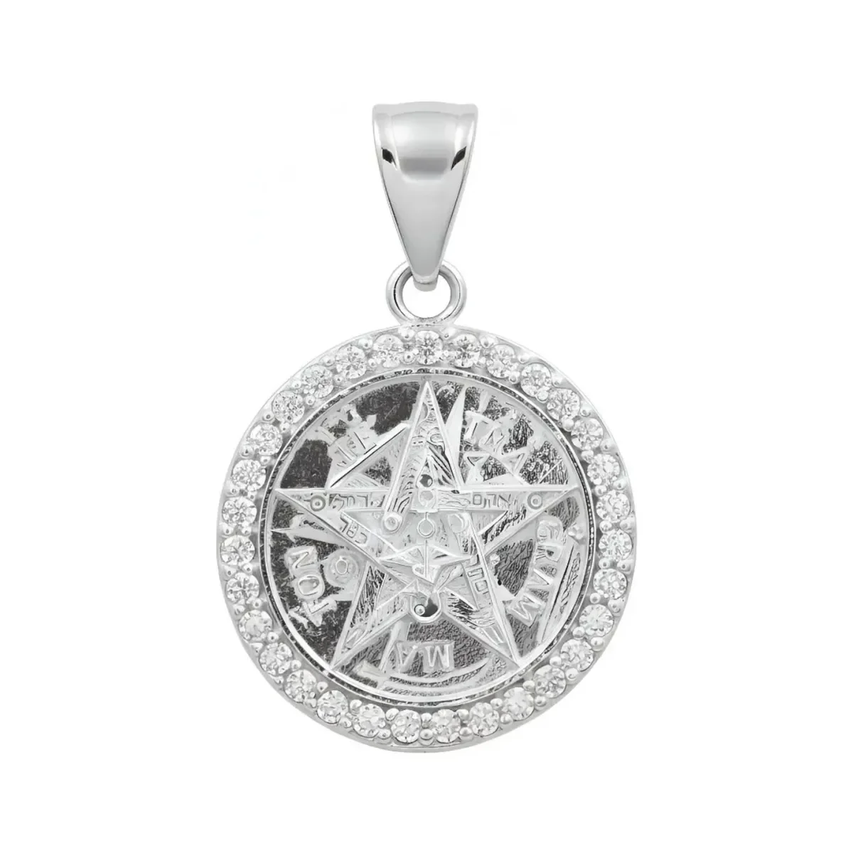 Dije Tetragramatón Plata .925 con Zirconia Blanca. Amuleto de protección, nudo de bruja, amuletos, joyería mexicana.