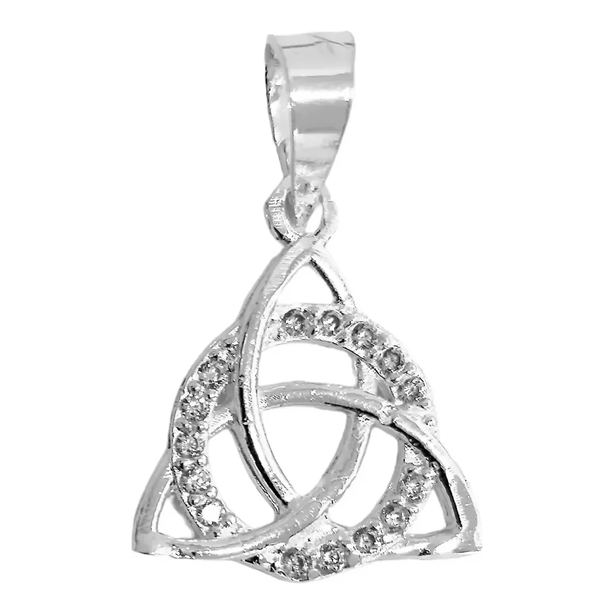Dije Triqueta Celta Plata 925 con Zirconia blanca en Nudo Redondo. Joya de protección mexicana, amuleto de plata con signific