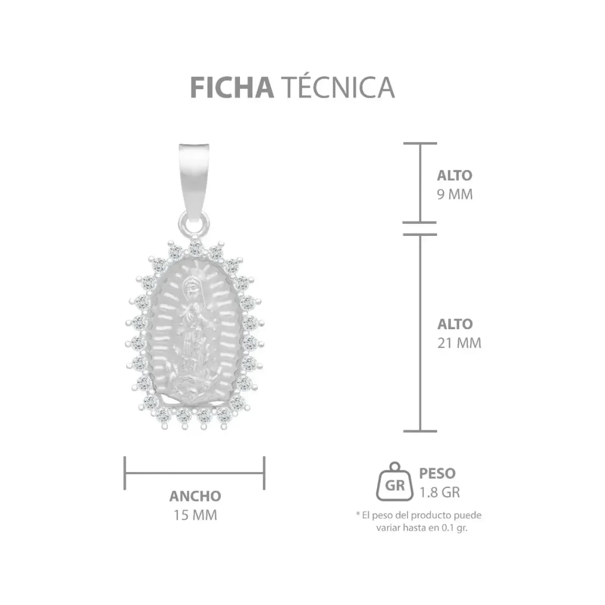 Dije Virgen de Guadalupe Plata 925 con Zirconia Blanca Acabado Mate - Imagen 7