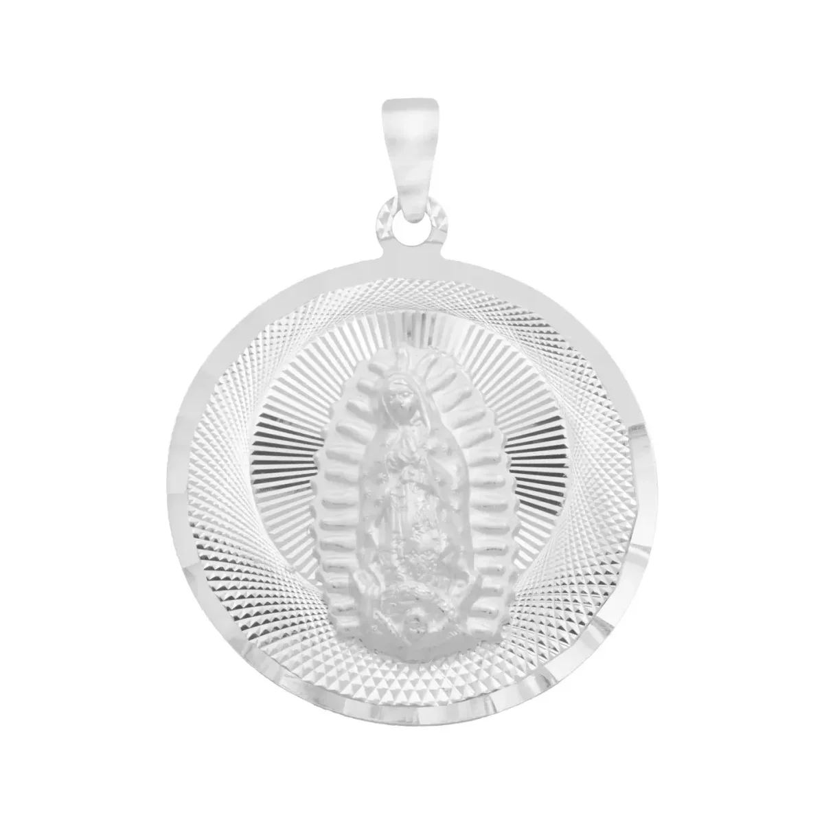 Dije Virgen de Guadalupe Plata .925 diamantada, diseño religioso mexicano. Joyería artesanal con destellos, símbolo de fe.