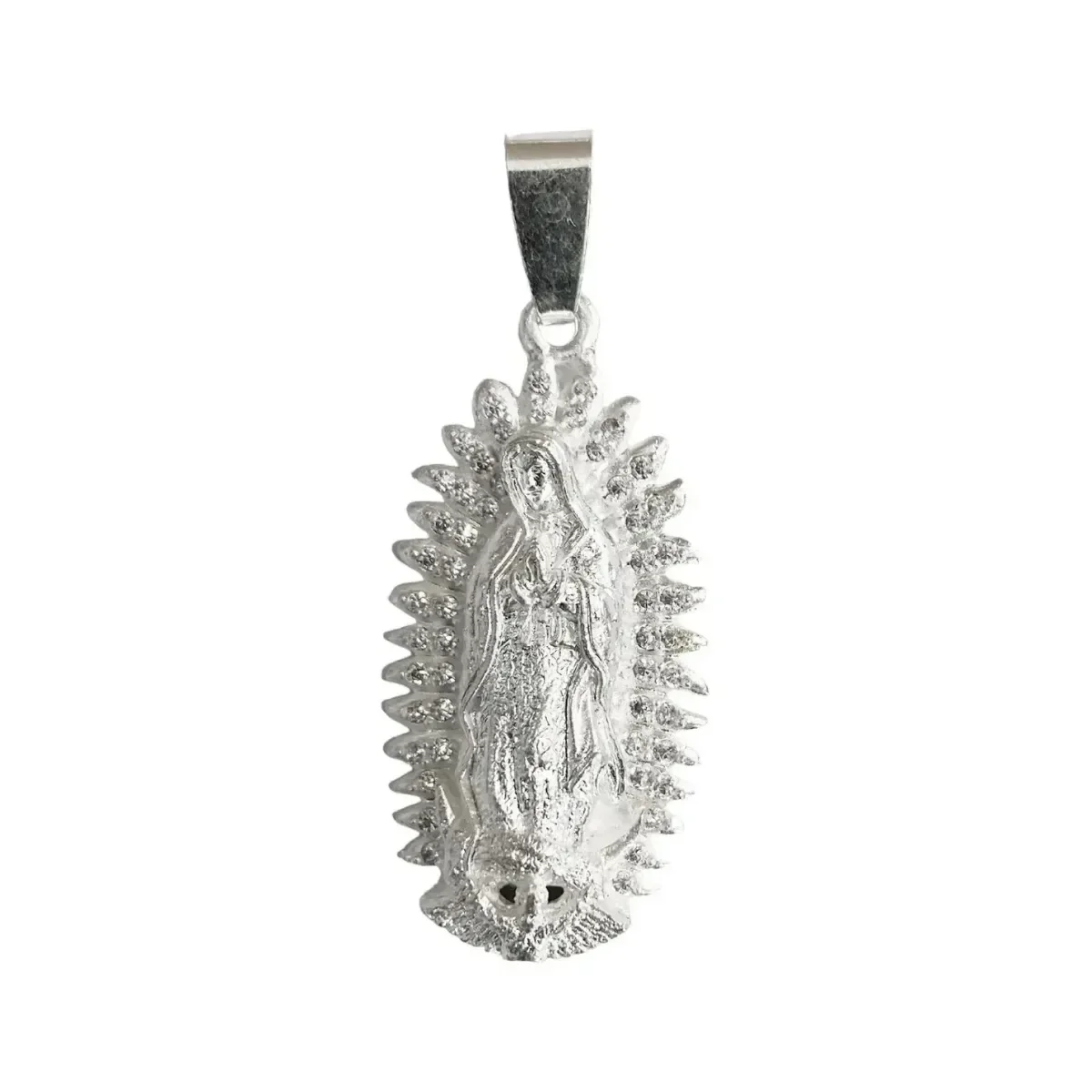 Dije Virgen de Guadalupe Plata .925 auténtica, diseño grande con Zirconias blancas. Joyería artesanal mexicana, medalla de pr