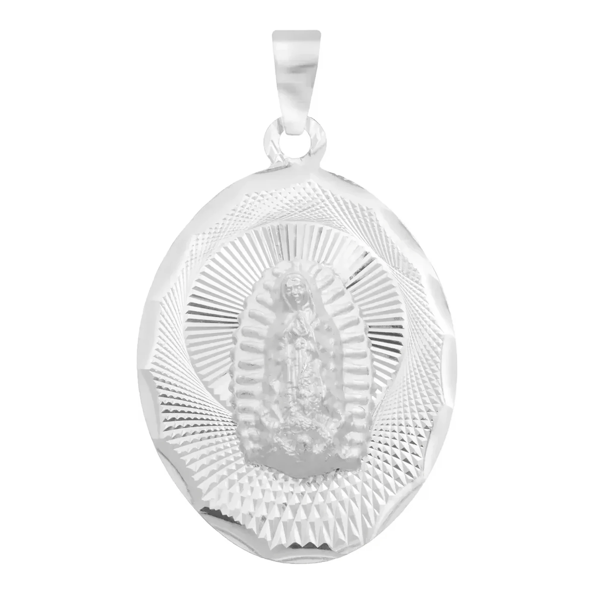 Dije medalla Virgen de Guadalupe en plata ley .925 diamantada tono plata brillante silueta ovalada devoción religiosa mujer