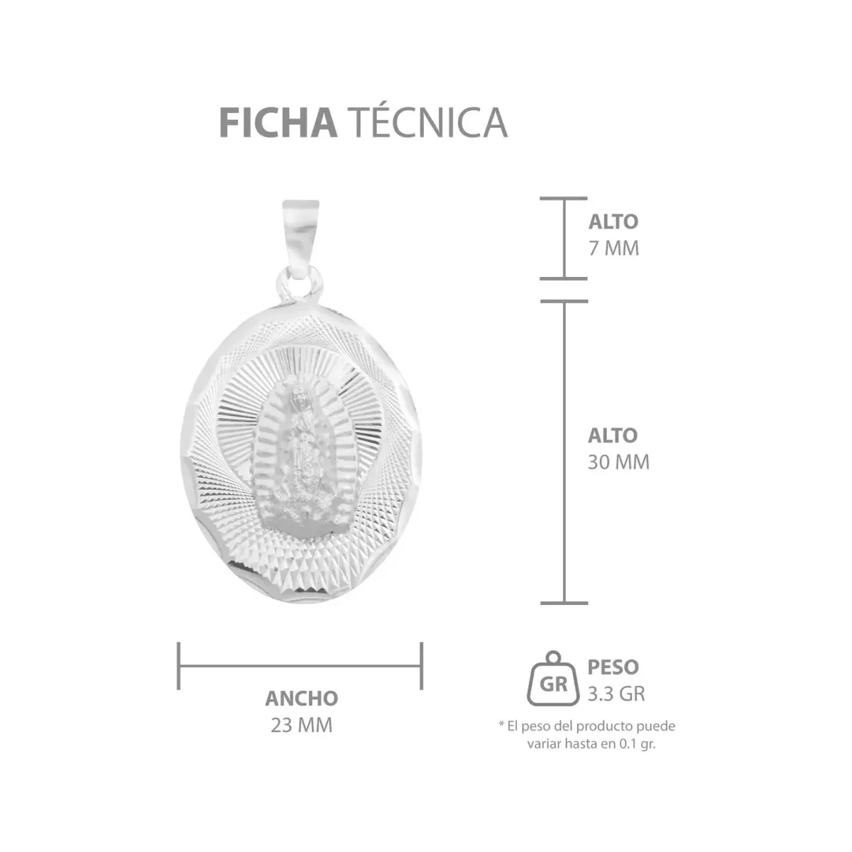 Dije Virgen de Guadalupe Plata 925 Ovalado con Acabado Diamantado - Imagen 7