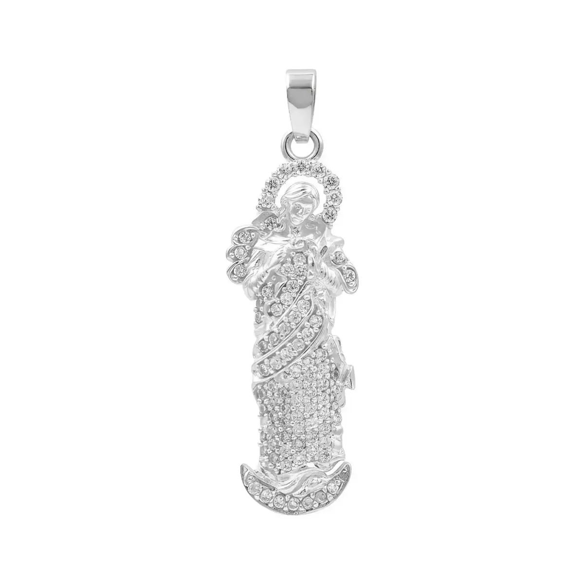 Dije Medalla Virgen Desatadora Nudos de Plata 925 pulida con Zirconia brillante. Joyería de autor plata, amuleto espiritual.