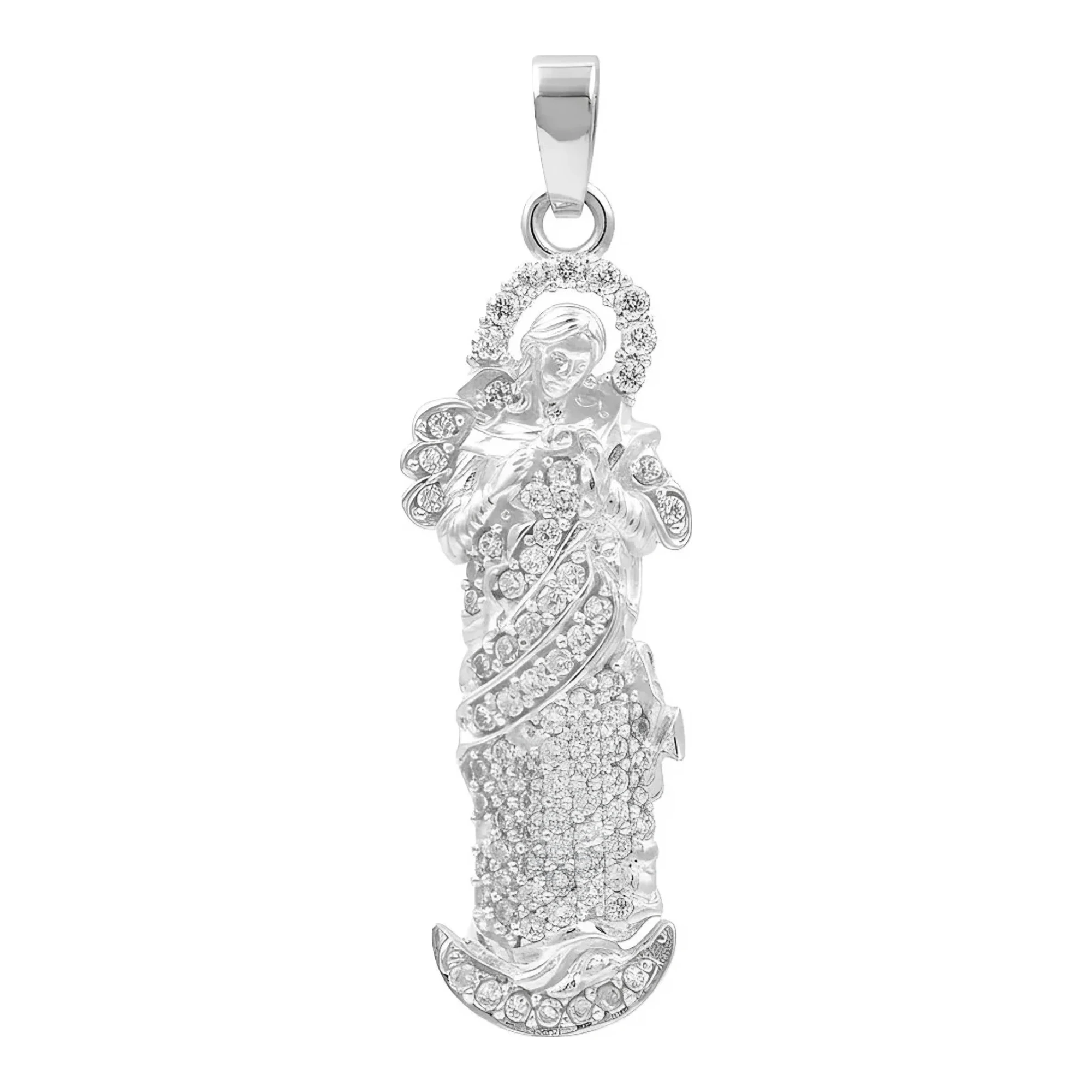 Dije virgen desatadora de nudos plata 925 brillante con zirconia engastada y broche perico en fino acabado liso nacional.